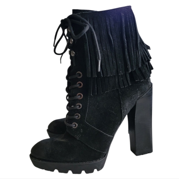 Kenneth Cole Leather Zip Black Fringe Lace-Up Ankle Moto Boots Size 7.5 Womens - Picture 1 of 13